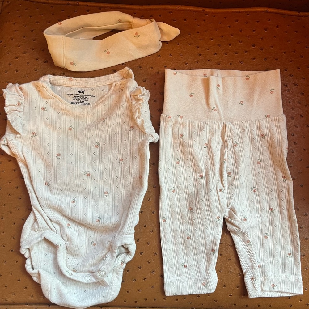H&M onesie, pants, headband set - tan with flower 2-4 months